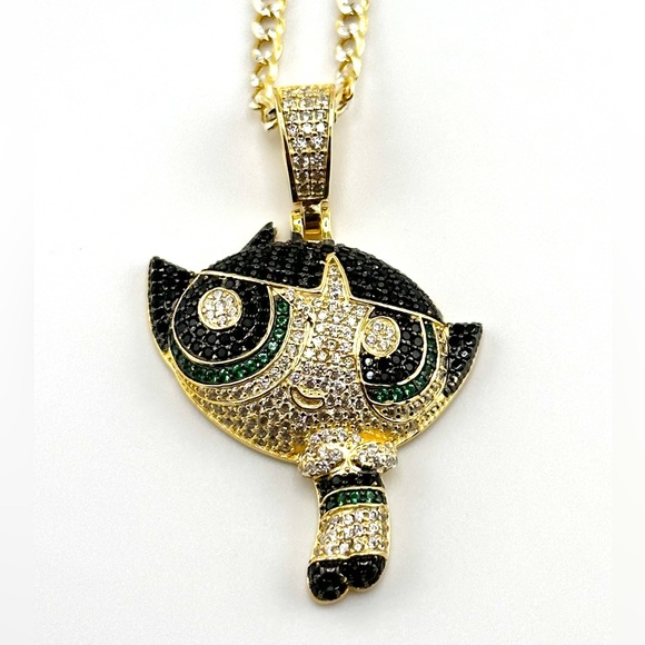 18K Gold Plated over 925 Sterling Silver Round Cut 3D PowerPuff Girls Necklace - Picture 5 of 9